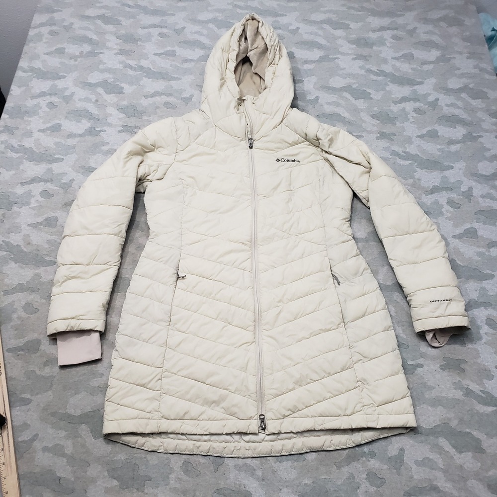Columbia Puffer Jacket Womens Large Beige Omni-Heat Full Zip Pockets Hooded